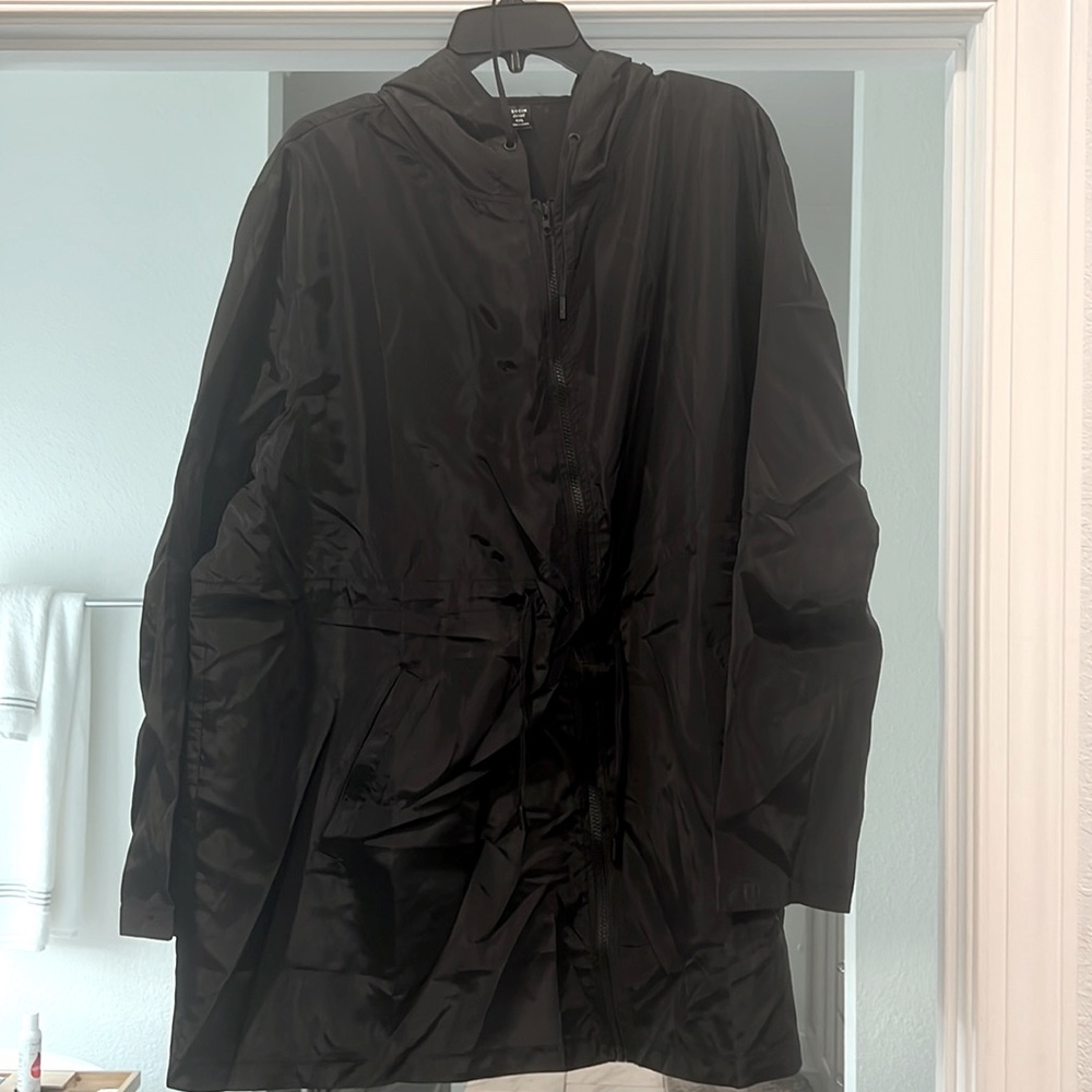Black, drawstring waste, hooded rain jacket